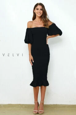 Skyla Shirred Midi Dress - BLACK