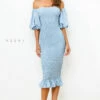 Skyla Shirred Midi Dress - LIGHT BLUE -US Dress Sales Shop Skyla blue 46535.1597263098