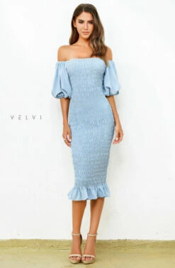 Skyla Shirred Midi Dress - LIGHT BLUE