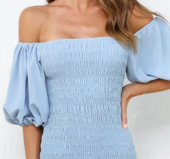 Skyla Shirred Midi Dress - LIGHT BLUE -US Dress Sales Shop skyla closeup blue 70768.1597261275