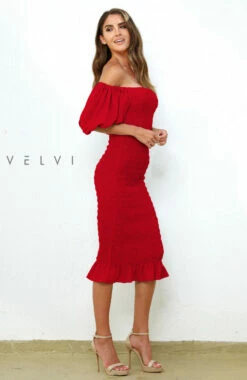 Skyla Shirred Midi Dress - RED