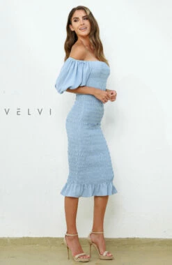 Skyla Shirred Midi Dress - LIGHT BLUE -US Dress Sales Shop skyla shirred midi 4 56208.1597263107