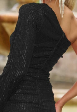 Zena One Sleeve Sequin Mini Dress - Black -US Dress Sales Shop zena black 2 42999.1692729608